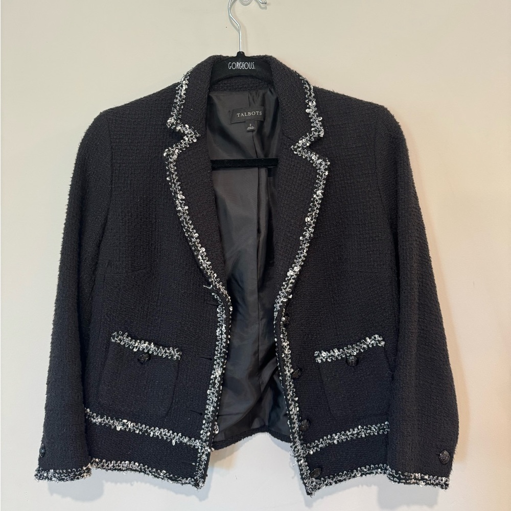 Talbots | Black Tweed Blazer with white details | Size 2